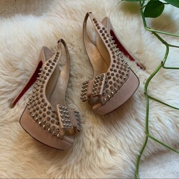 Louboutin Nude Leather Clou Spikes Studded Designer Platform Slingbacks Pumps 37 - Picture 3 of 13